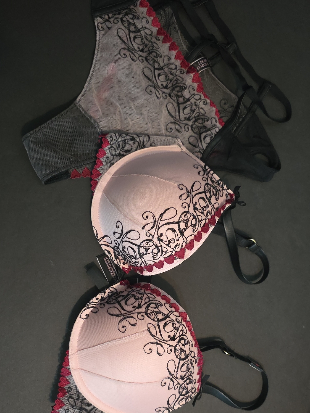 Victoria's Secret Pink and Black With Embroidered Hearts Push-Up Bra Set